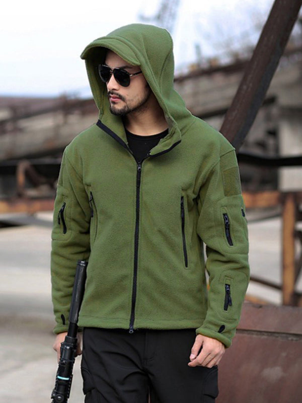 Men's Outdoor Warm Liner Fleece Jacket Cold-Proof Jacket Wind Hood Solid Color Hooded Jacket