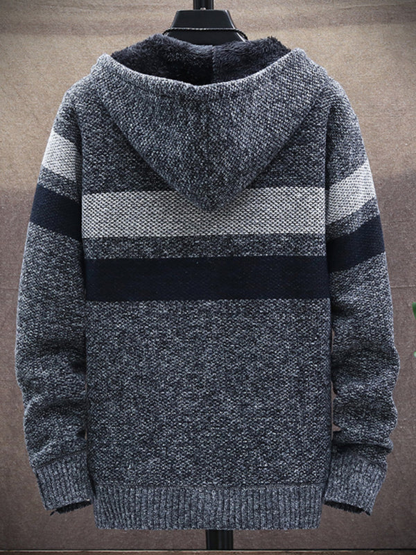 Men’s Color Block Faux Fur Lining Zip Front Hooded Drawstring Hood Sweatshirt Jacket