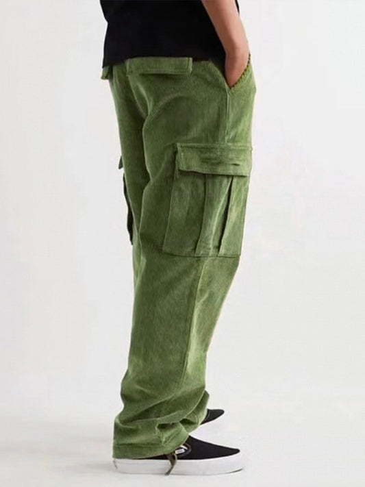 Corduroy multi-pocket straight trousers men's sweeping pants men's casual loose trousers