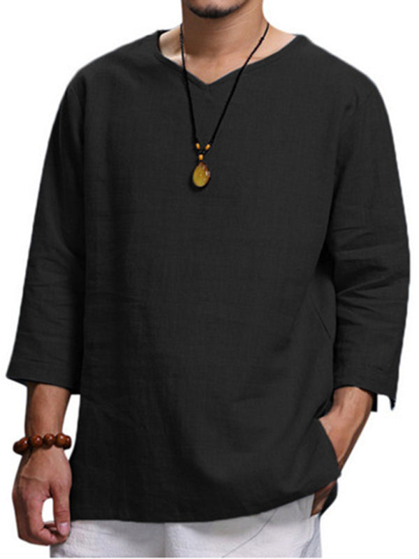 Men's Solid Color V Neck Slub Linen Three Quarter Sleeve Shirt