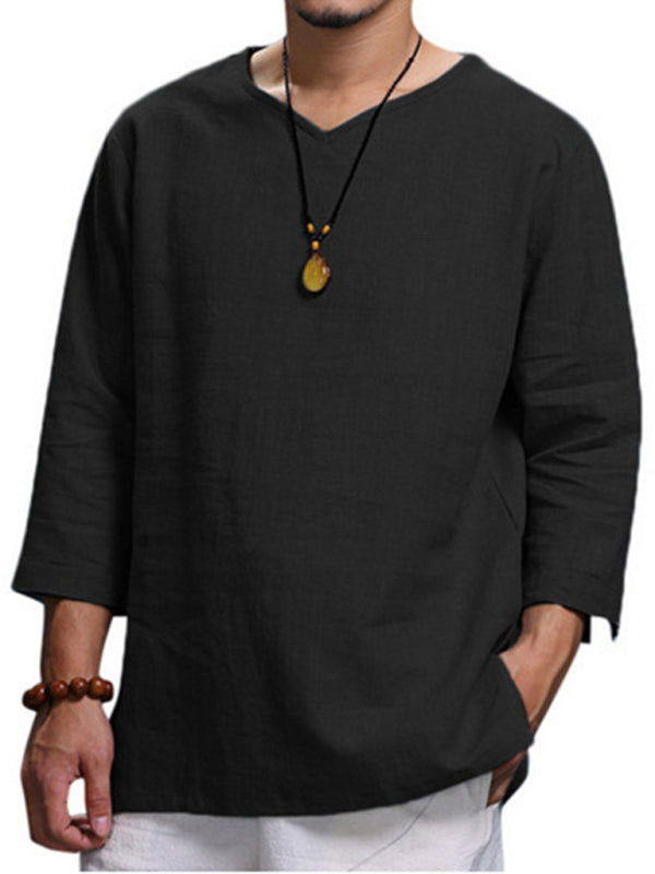 Men's Solid Color V Neck Slub Linen Three Quarter Sleeve Shirt