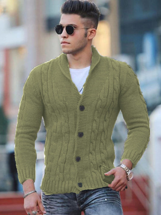 Men's Solid Color Cable Knit Shawl Collar Cardigan