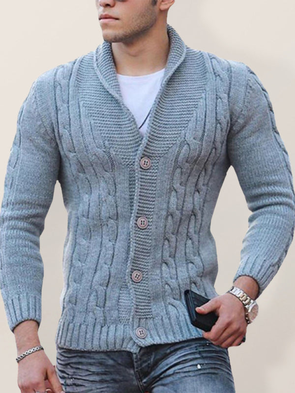 Men's Solid Color Cable Knit Shawl Collar Cardigan