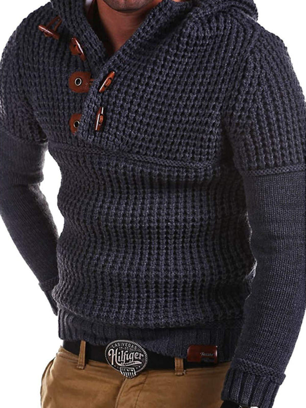 Men's Solid Color Lapel Collar Diagonal Button Horn Button Pullover Sweater