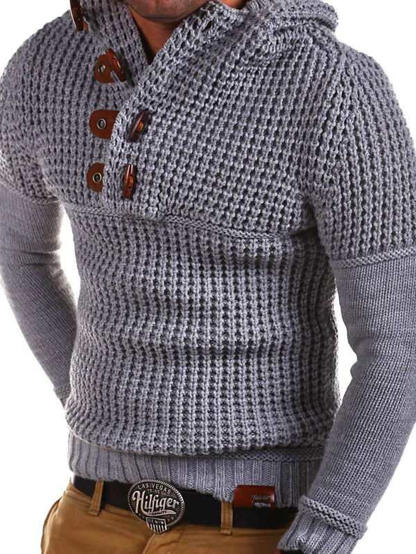 Men's Solid Color Lapel Collar Diagonal Button Horn Button Pullover Sweater