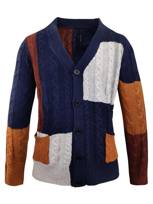 Men's V Neck Cable Knit Colorblocked Button Front Sweater Cardigan