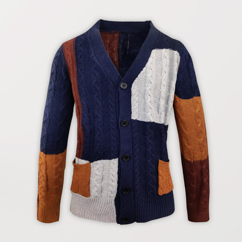 Men's V Neck Cable Knit Colorblocked Button Front Sweater Cardigan