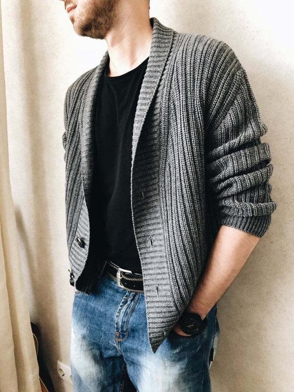 Men's Solid Color Knit Blend Shawl Collar And Button Front Sweater Cardigan