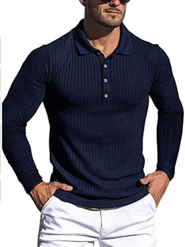 New Men's High Elastic Vertical Strip Long Sleeve POLO Shirt Slim Knit Bottom Shirt Polo Shirt