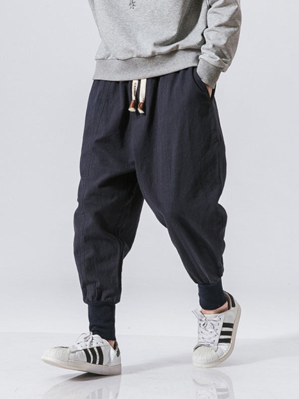 Linen Pants Men's Hip Hop Breathable Cotton Linen Trousers Solid Color Bloomers Casual Pants