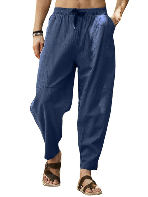 Men's casual loose cotton and linen drawstring hip-hop lantern pencil pants