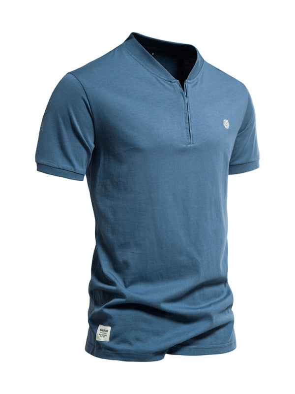 Men's Cotton V Neck Zipper Short Sleeve T-Shirt
