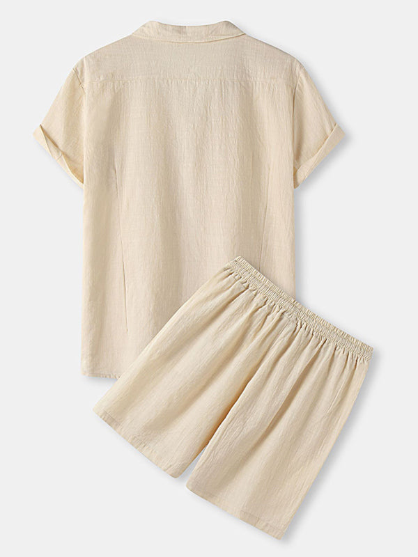 Men's Solid Color Linen Short Sleeve With Matching Shorts Pajamas