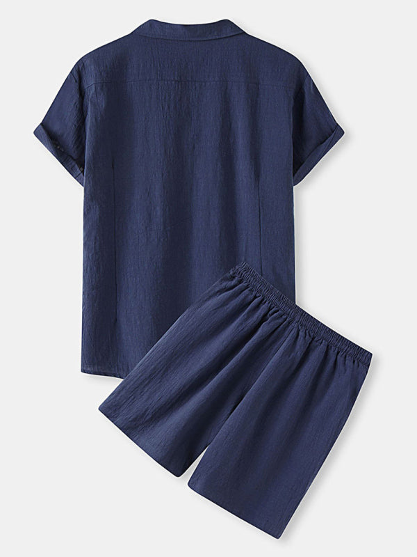Men's Solid Color Linen Short Sleeve With Matching Shorts Pajamas