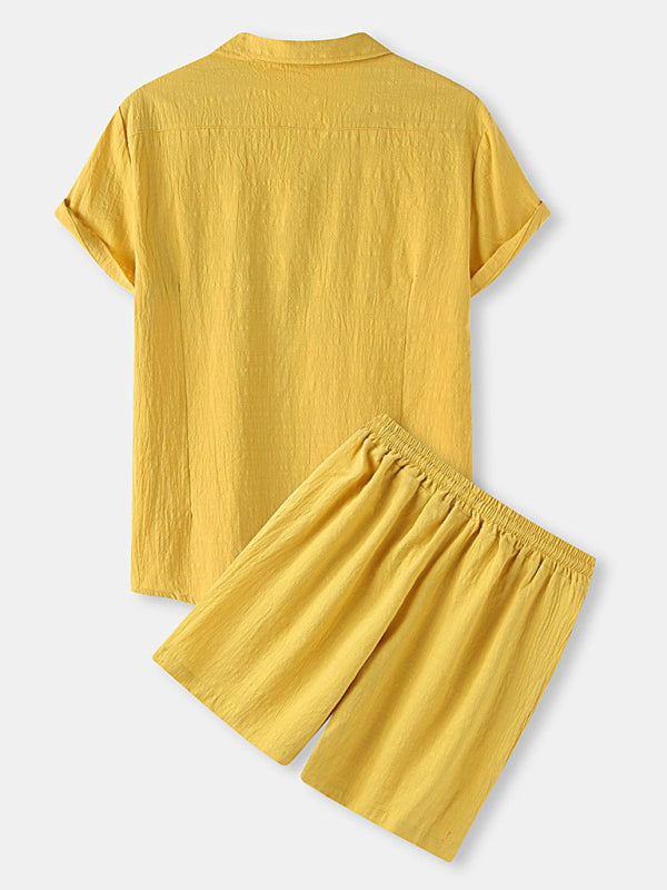 Men's Solid Color Linen Short Sleeve With Matching Shorts Pajamas