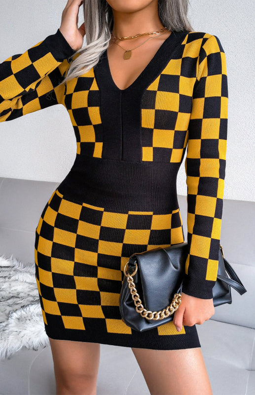 Autumn Winter V-Neck Wrap Hip Knitted Dress