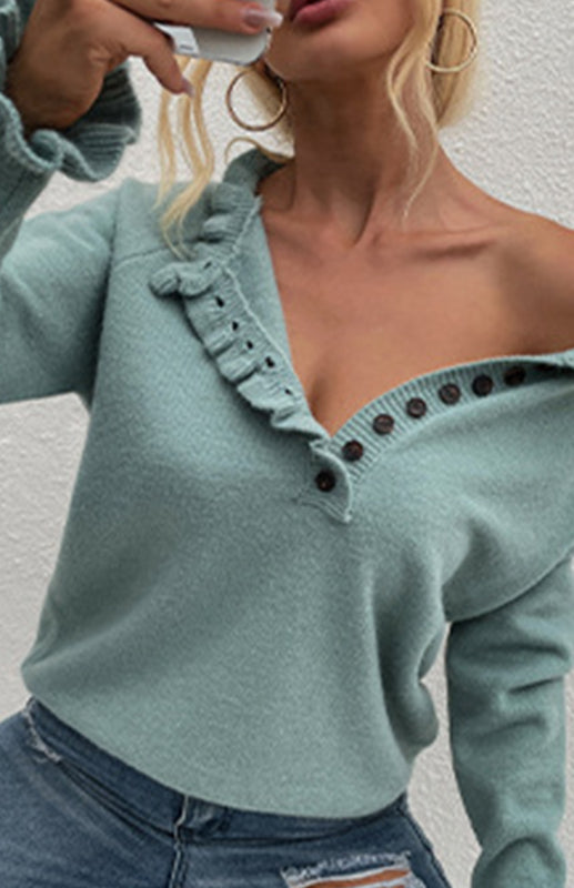 Autumn And Winter New Sweater Wooden Ear Button Sweater Blouse/N