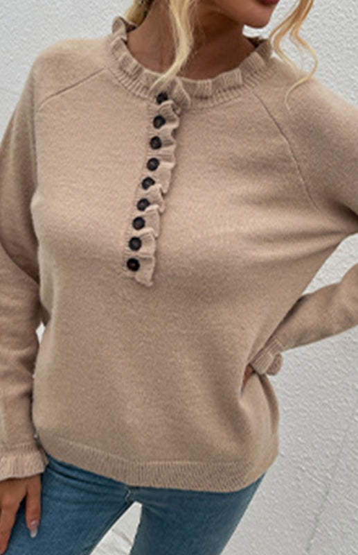 Autumn And Winter New Sweater Wooden Ear Button Sweater Blouse/N