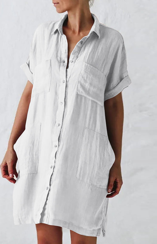 Lapel Button Pocket Short Sleeve Shirt Dress