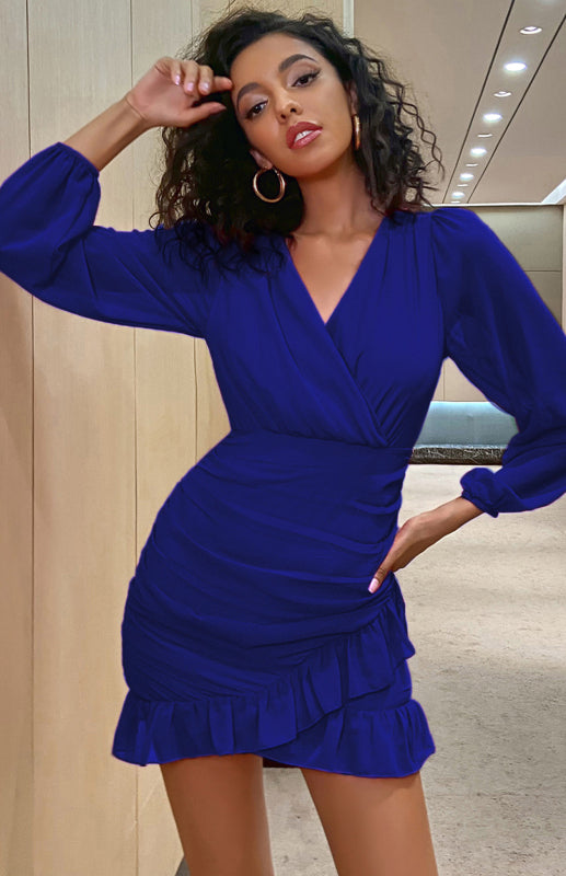 Women's Sexy Cross V Neck Pleated Ruffle Long Sleeve Dress