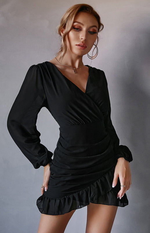 Women's Sexy Cross V Neck Pleated Ruffle Long Sleeve Dress