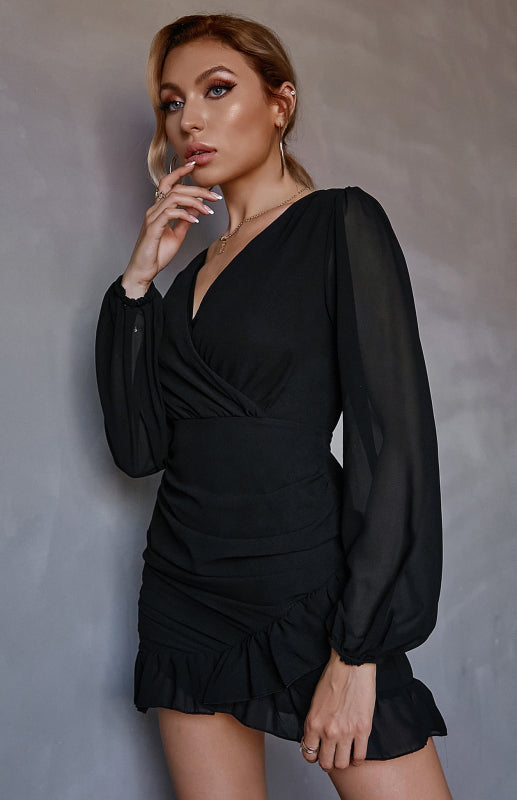 Women's Sexy Cross V Neck Pleated Ruffle Long Sleeve Dress
