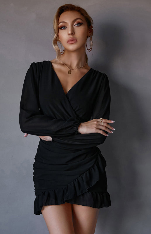 Women's Sexy Cross V Neck Pleated Ruffle Long Sleeve Dress