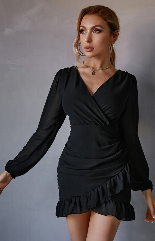 Women's Sexy Cross V Neck Pleated Ruffle Long Sleeve Dress
