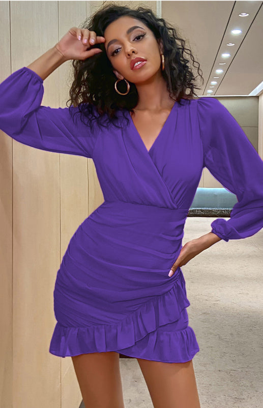 Women's Sexy Cross V Neck Pleated Ruffle Long Sleeve Dress