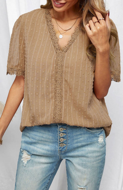 Women’s Lace Splicing V-Neck Swiss Dot Short Sleeve Top