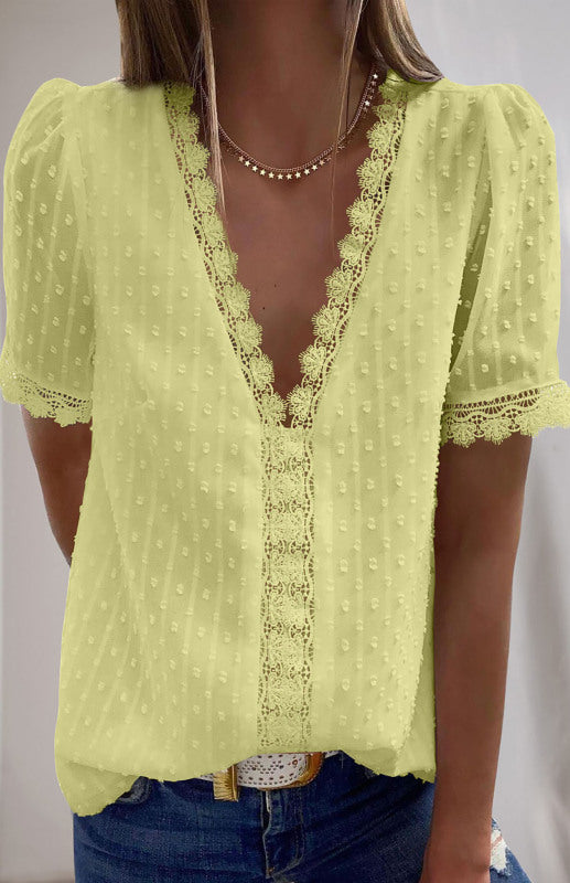 Women’s Lace Splicing V-Neck Swiss Dot Short Sleeve Top