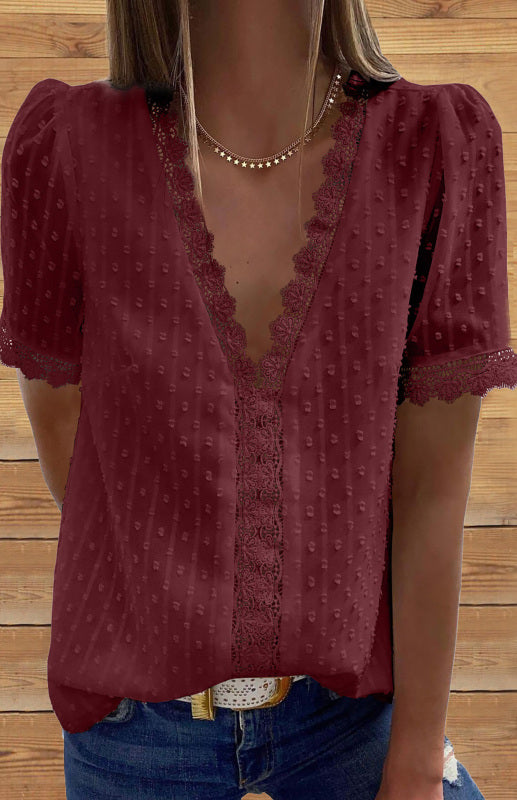 Women’s Lace Splicing V-Neck Swiss Dot Short Sleeve Top