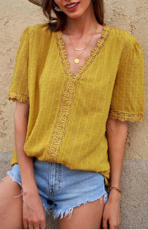 Women’s Lace Splicing V-Neck Swiss Dot Short Sleeve Top
