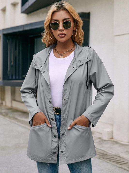 Women's Solid Color Waterproof Hooded Casual Mid Length Windbreaker Jacket