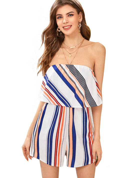 Women's striped printed word shoulder sexy jumpsuit