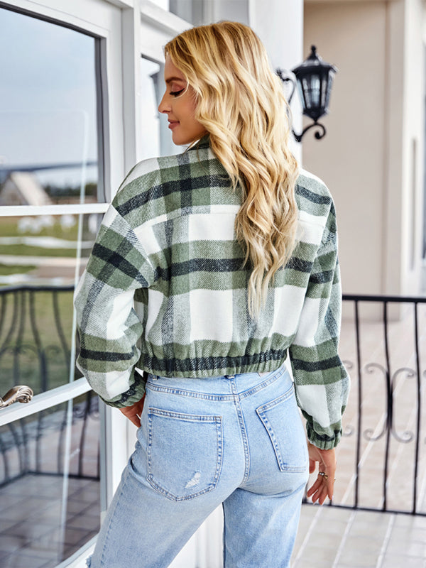 Women's Cropped Zip Up Collared Flannel Jacket With Front Chest Pockets
