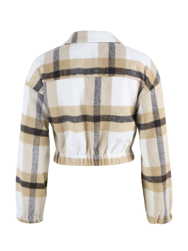 Women's Cropped Zip Up Collared Flannel Jacket With Front Chest Pockets