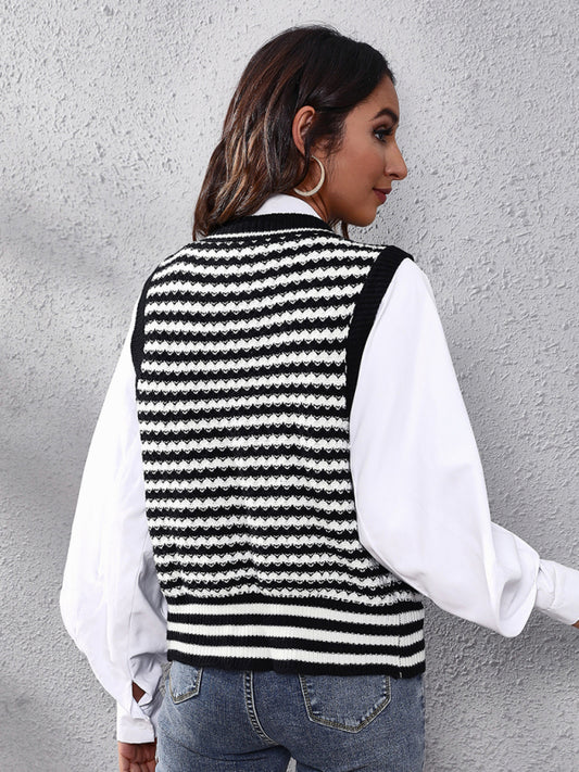 Women's stripe knitted Cardigan Sweater Vest
