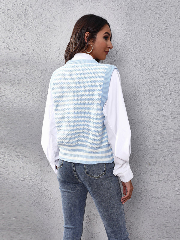 Women's stripe knitted Cardigan Sweater Vest