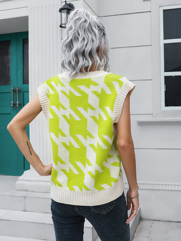 Women's thousand bird check V-neck vest sweater