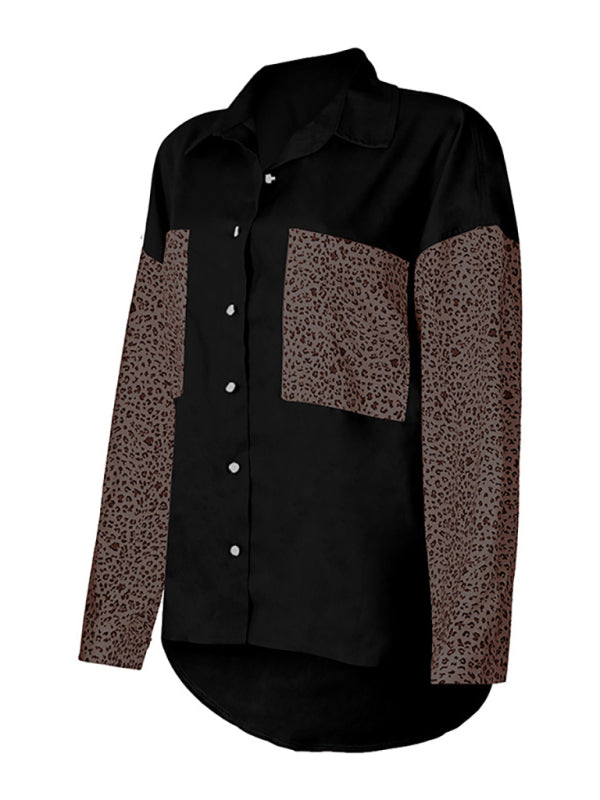 Women's Long Sleeve Pocket Leopard Print Lapel Cardigan Top