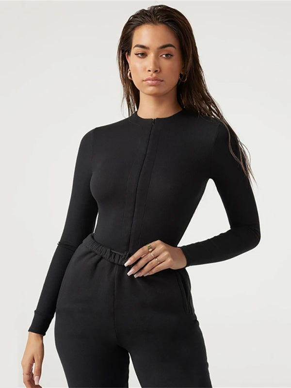 Slim Fit Solid Crew Neck Long Sleeve Zip Bodysuit