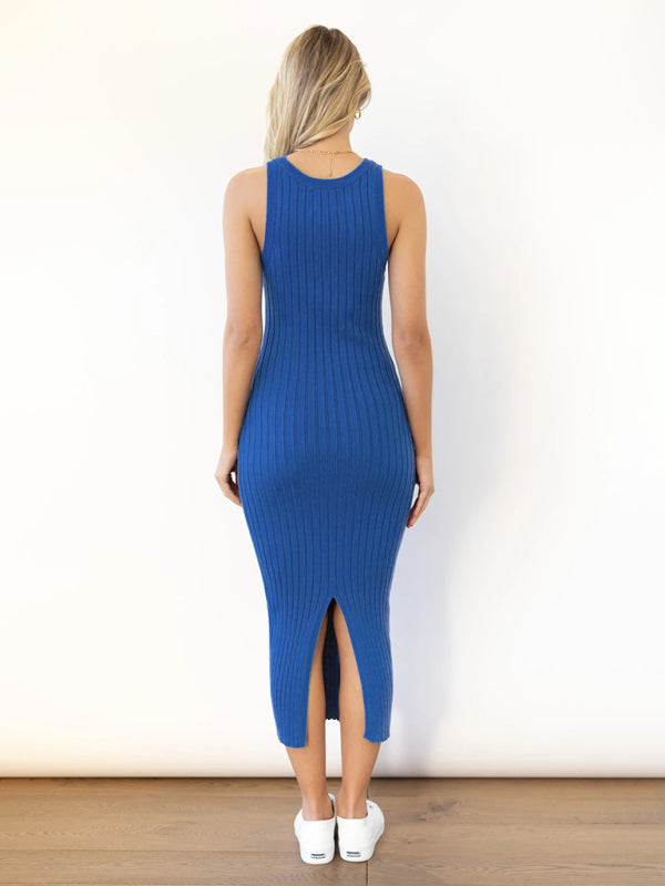 Women's sleeveless open ribbed tight package hip dress one-step dress