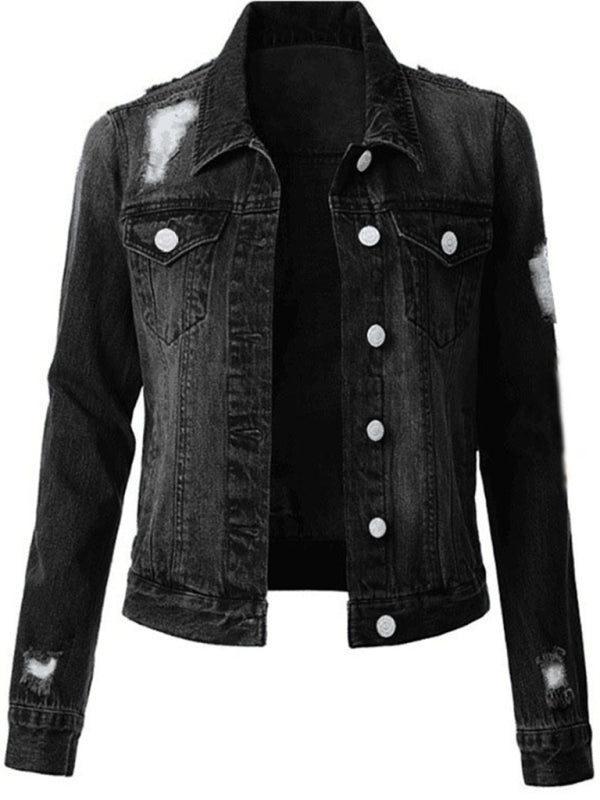 Women’s Spread Collar Distressed Non Stretch Denim Jacket