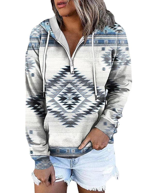 Women’s Bohemian Style Quarter Zip Hoodie With Drawstrings And Front Pocket