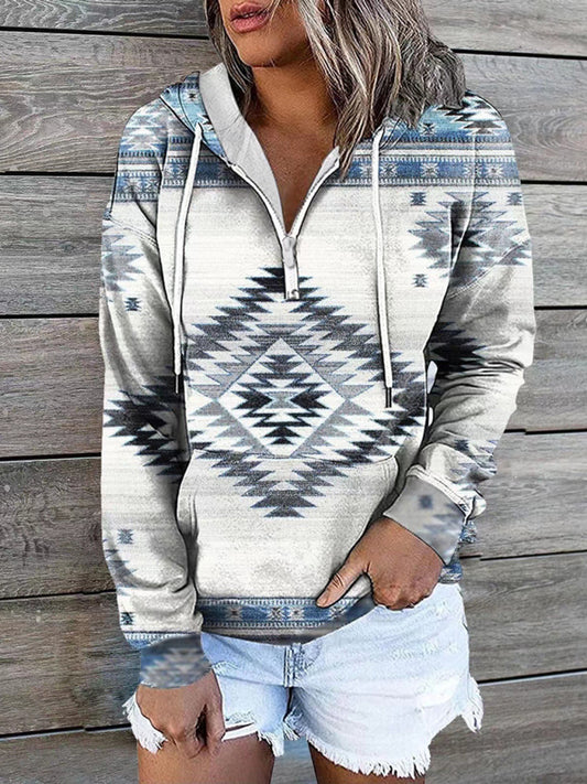 Women’s Bohemian Style Quarter Zip Hoodie With Drawstrings And Front Pocket