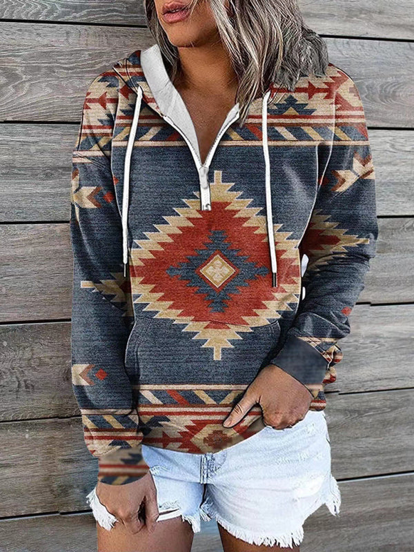 Women’s Bohemian Style Quarter Zip Hoodie With Drawstrings And Front Pocket