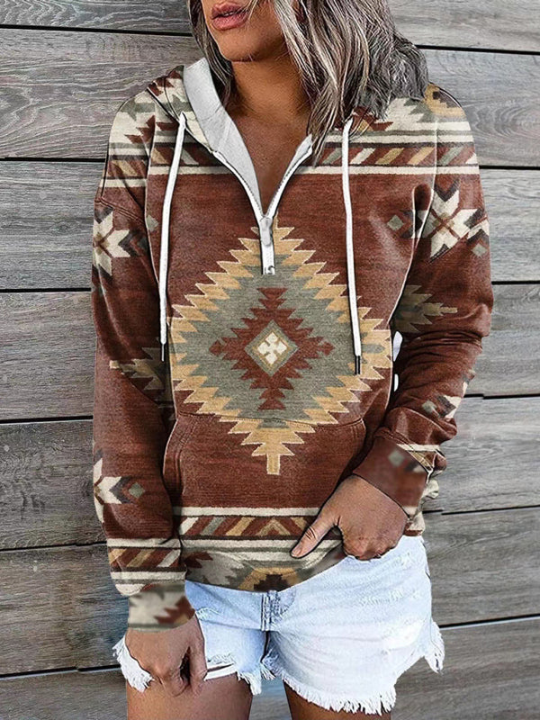 Women’s Bohemian Style Quarter Zip Hoodie With Drawstrings And Front Pocket