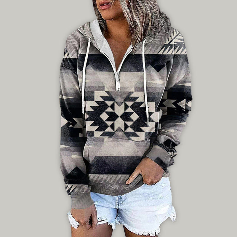 Women’s Bohemian Style Quarter Zip Hoodie With Drawstrings And Front Pocket