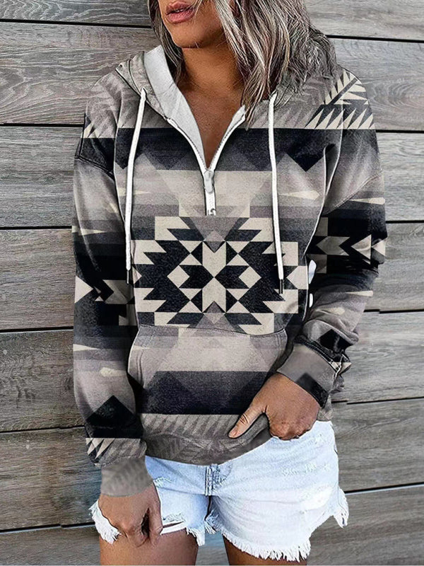 Women’s Bohemian Style Quarter Zip Hoodie With Drawstrings And Front Pocket